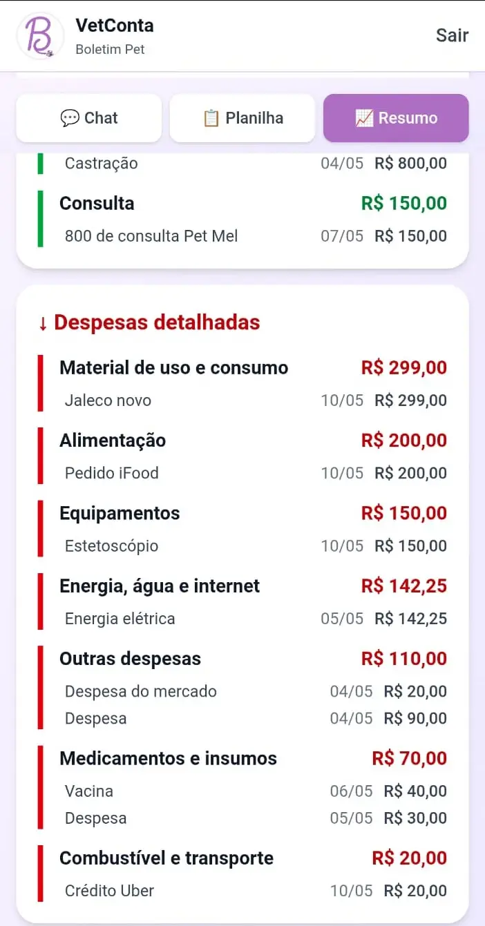 Tela da planilha